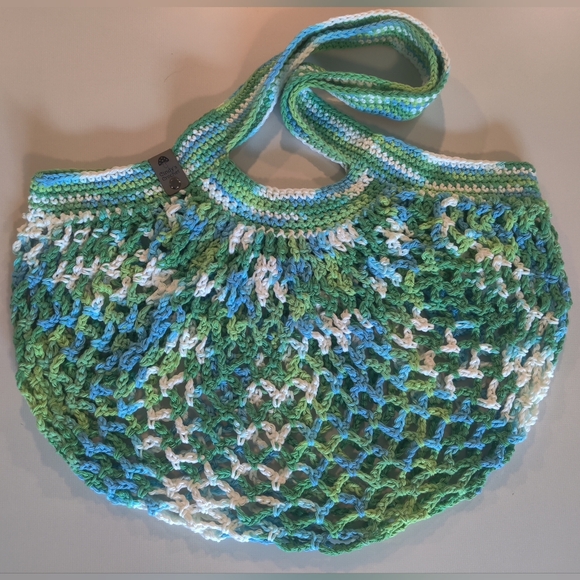 Handbags - Vibrant Green and Blue Crochet Mesh Market Bag